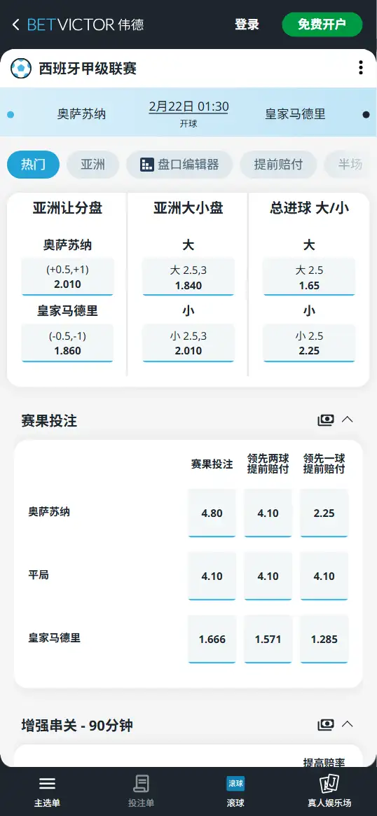 奥萨苏纳vs皇马，西甲赔率和盘口信息-伟德(BetVictor)提供