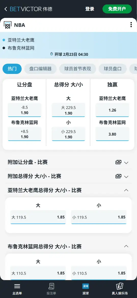 老鹰vs篮网-NBA博彩赔率和盘口信息-伟德(betvictor)提供