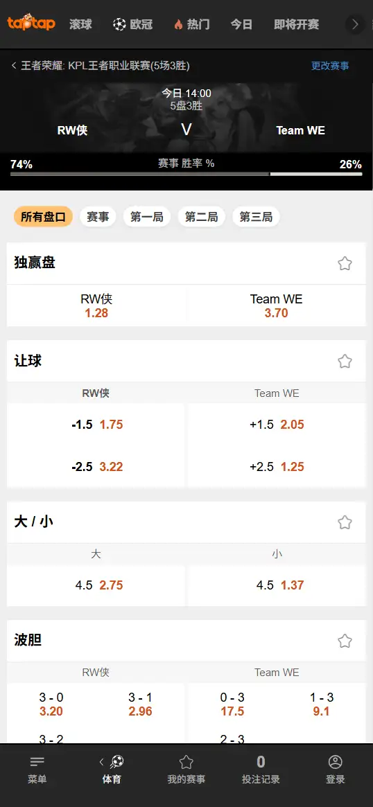 RW对战WE - 2026王者荣耀KPL - 赔率盘口信息188bet(TapTap)提供