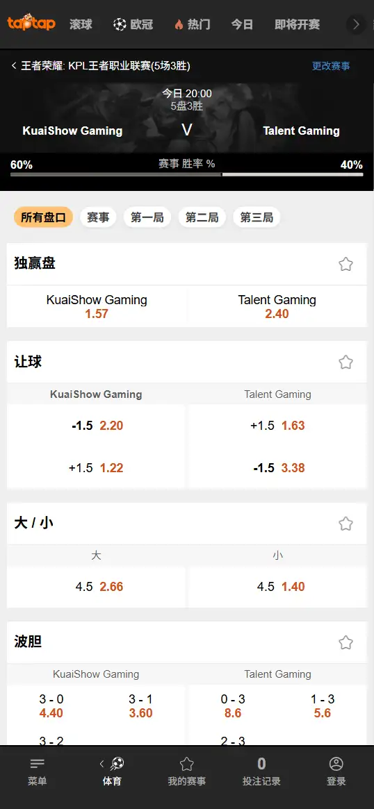 KSG对战TTG - 2026王者荣耀KPL - 赔率盘口信息188bet(TapTap)提供