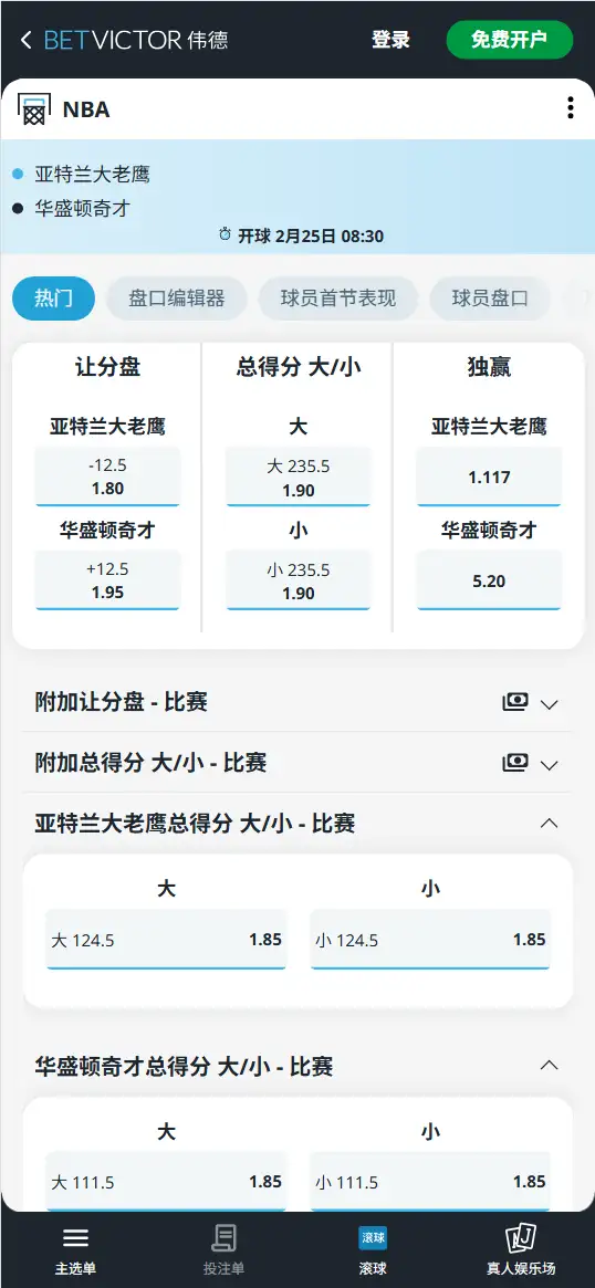 老鹰vs奇才-NBA博彩赔率和盘口信息-伟德(betvictor)提供