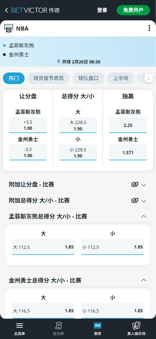 灰熊vs勇士-NBA博彩赔率和盘口信息-伟德(betvictor)提供