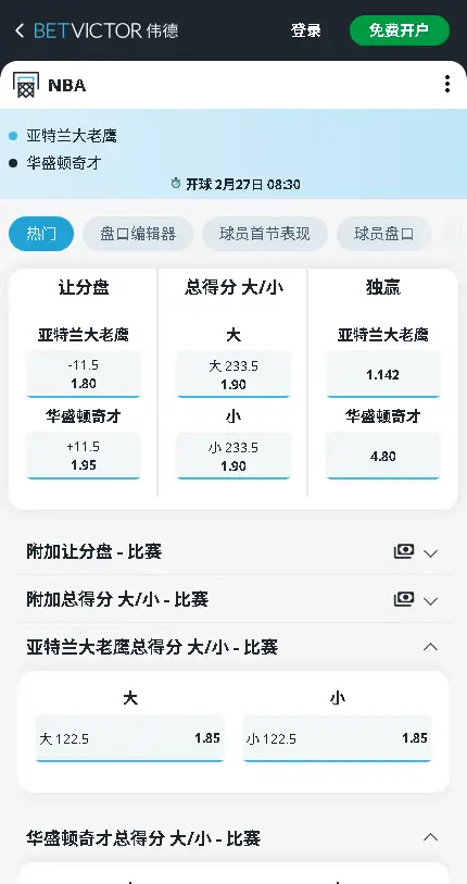 老鹰vs奇才-NBA博彩赔率和盘口信息-伟德(betvictor)提供