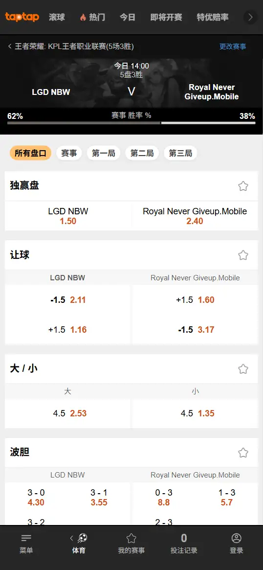 LGD.NBW对战RNG.M - 2026王者荣耀KPL - 赔率盘口信息188bet(TapTap)提供