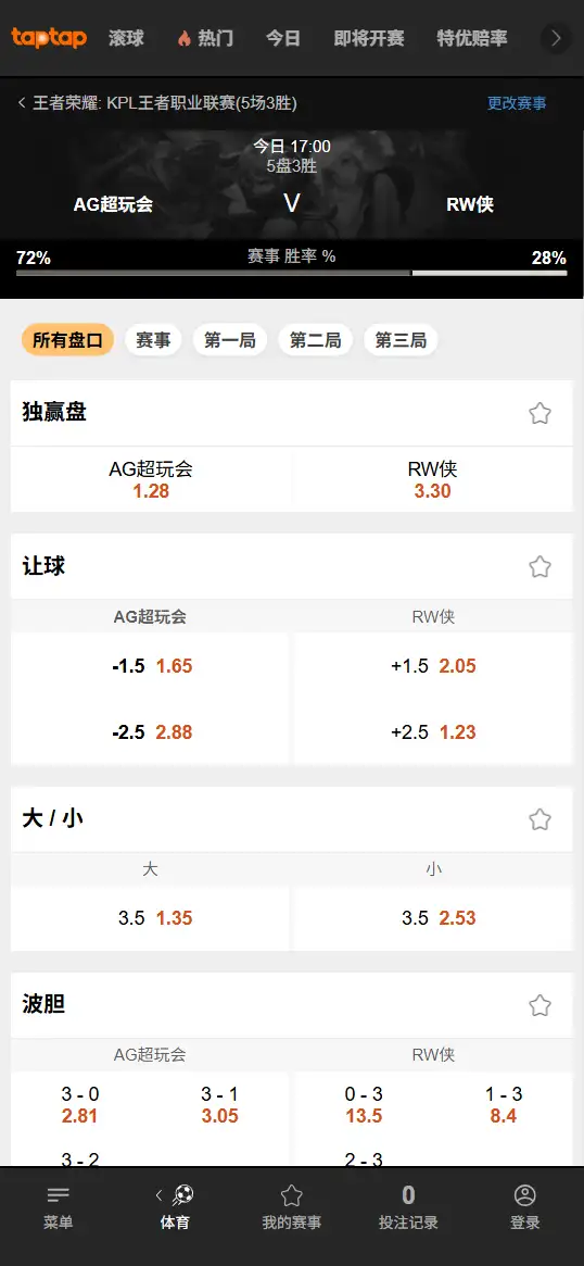 AG对战RW - 2026王者荣耀KPL - 赔率盘口信息188bet(TapTap)提供