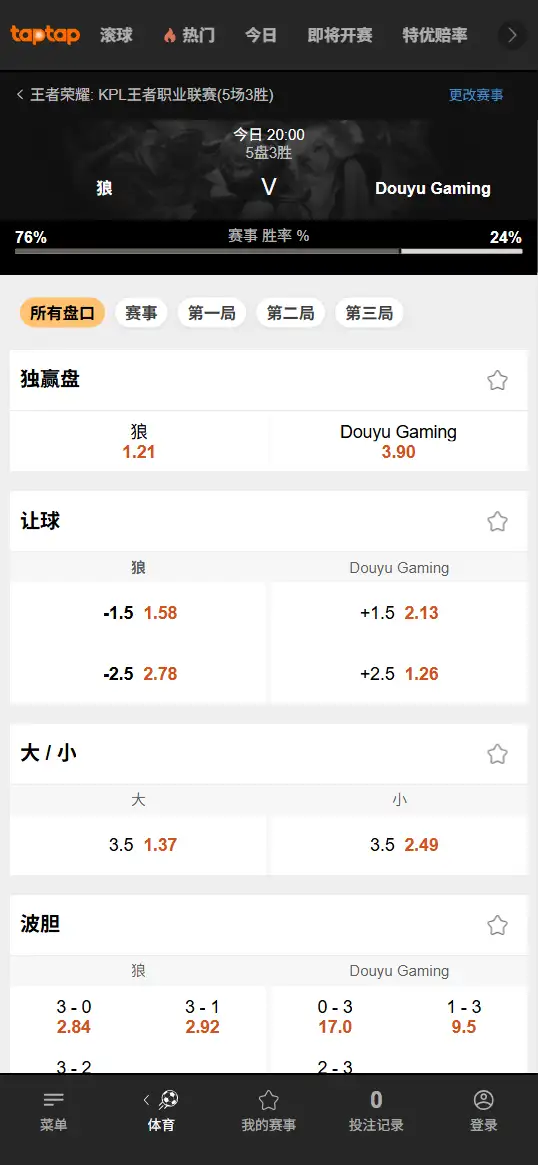 重庆狼队vsDYG - 2026王者荣耀KPL - 赔率盘口信息188bet(TapTap)提供