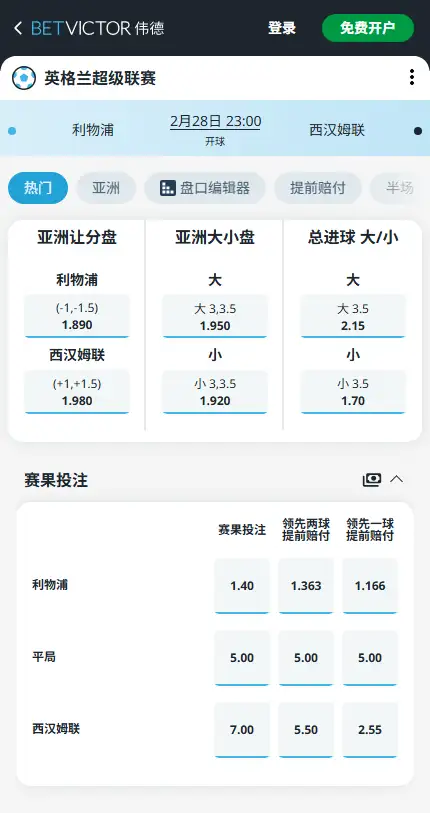 利物浦vs西汉姆联，英超赔率和盘口信息-伟德(BetVictor)提供