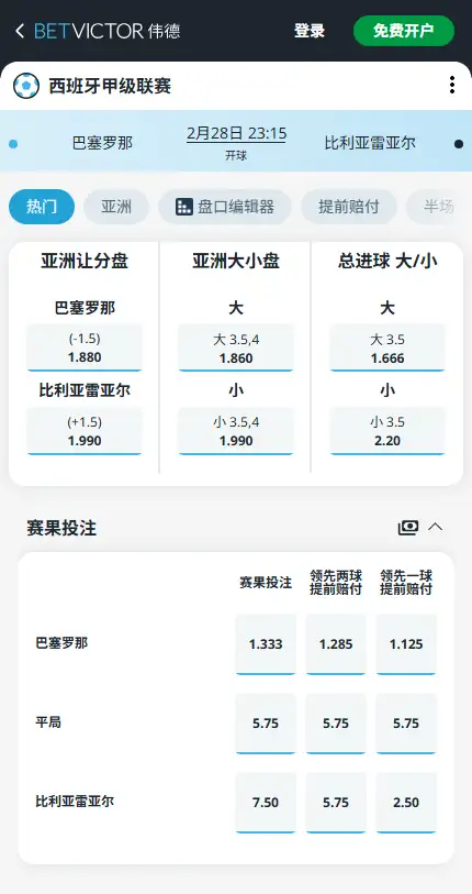 巴塞罗那vs比利亚雷亚尔，西甲赔率和盘口信息-伟德(BetVictor)提供