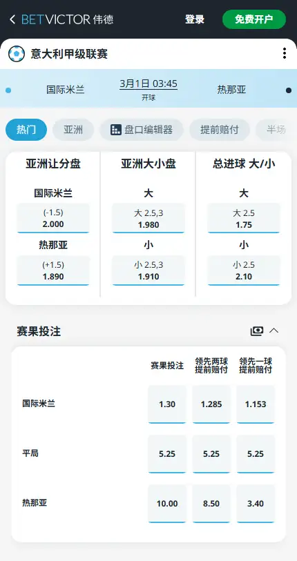 国际米兰vs热那亚,意甲赔率和盘口信息-伟德(BetVictor)提供