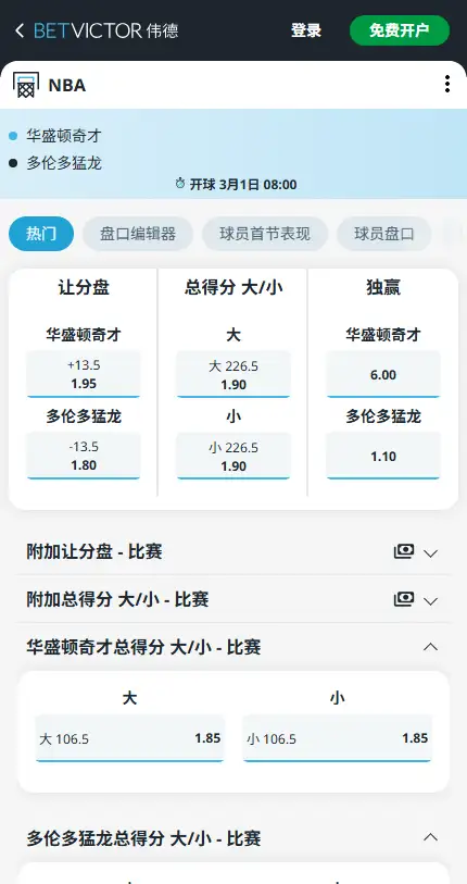 奇才vs猛龙-NBA博彩赔率和盘口信息-伟德(betvictor)提供