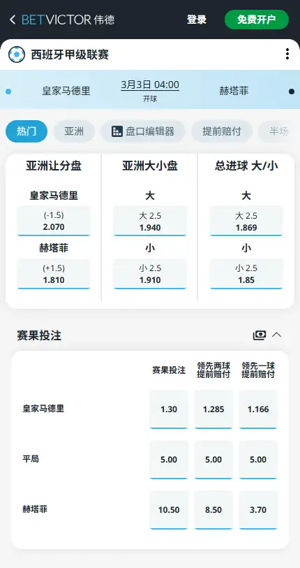 皇马vs赫塔菲,西甲赔率和盘口信息-伟德(BetVictor)提供