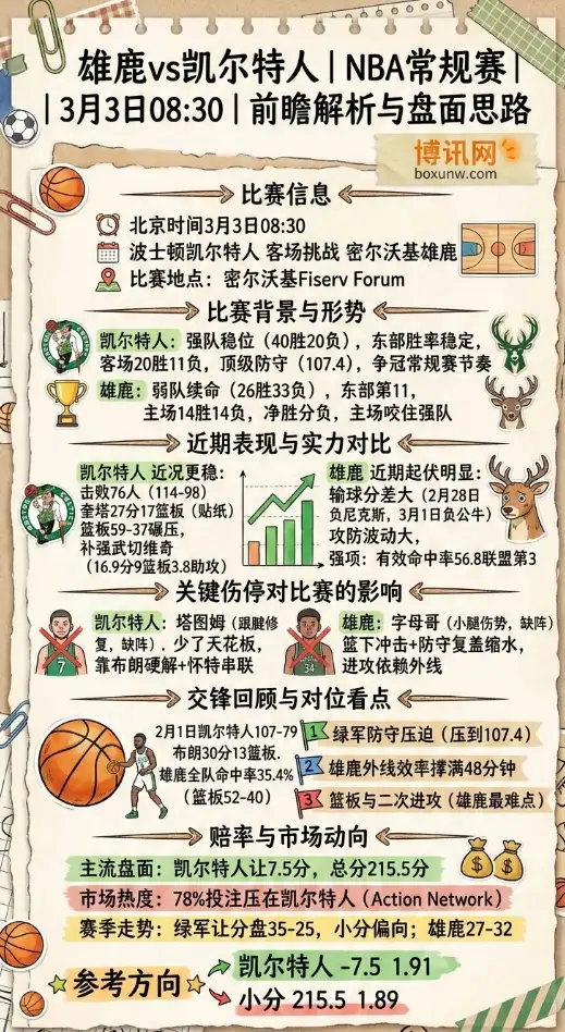 雄鹿vs凯尔特人、NBA常规赛、前瞻解析、盘面思路、数据对比