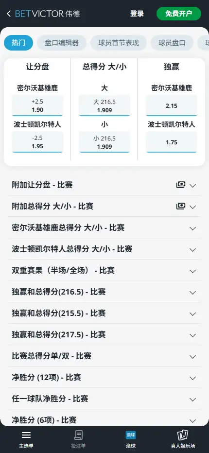 雄鹿vs凯尔特人 - NBA赔率盘口信息伟德(BetVictor)提供
