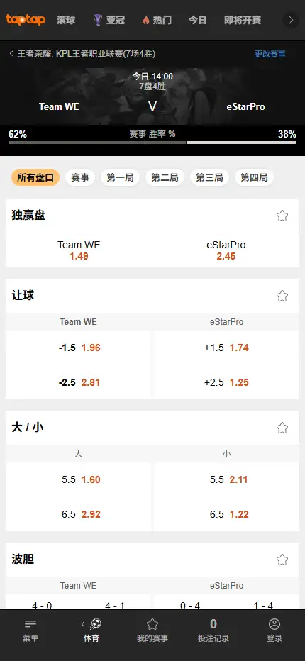 WE对战eStarPro - 2026王者荣耀KPL - 赔率盘口信息188bet(TapTap)提供