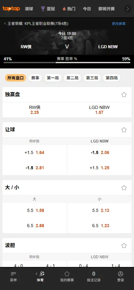 RW对战LGD - 2026王者荣耀KPL - 赔率盘口信息188bet(TapTap)提供