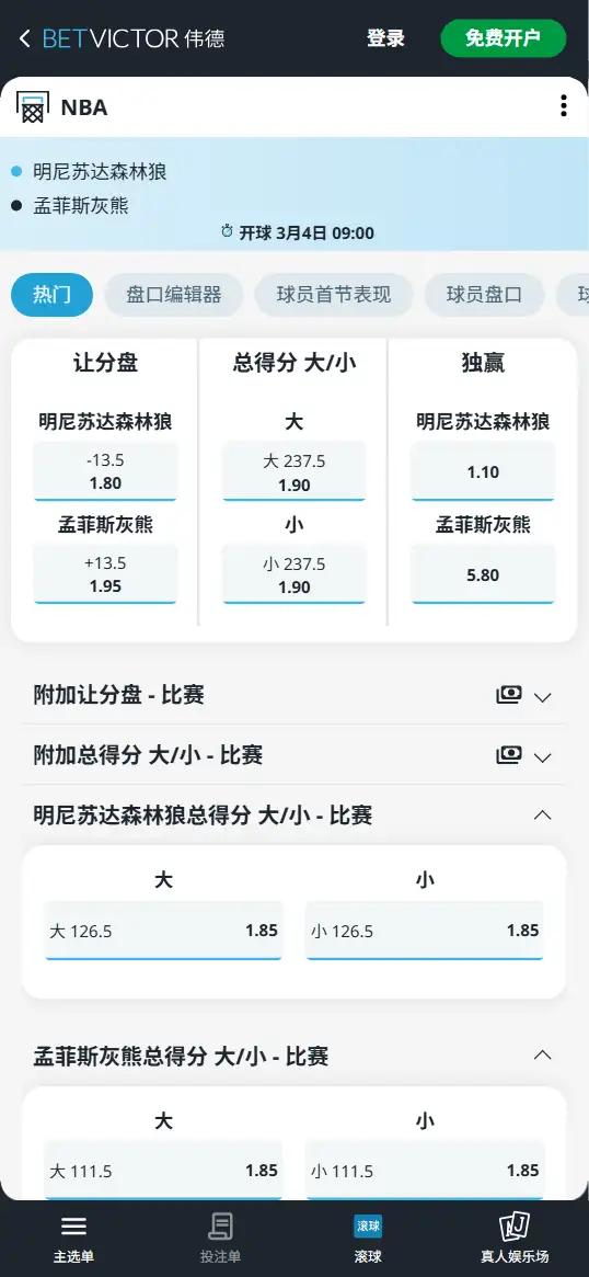 森林狼vs灰熊-NBA博彩赔率和盘口信息-伟德(betvictor)提供