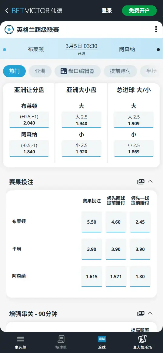 布莱顿vs阿森纳,英超赔率和盘口信息-伟德(BetVictor)提供