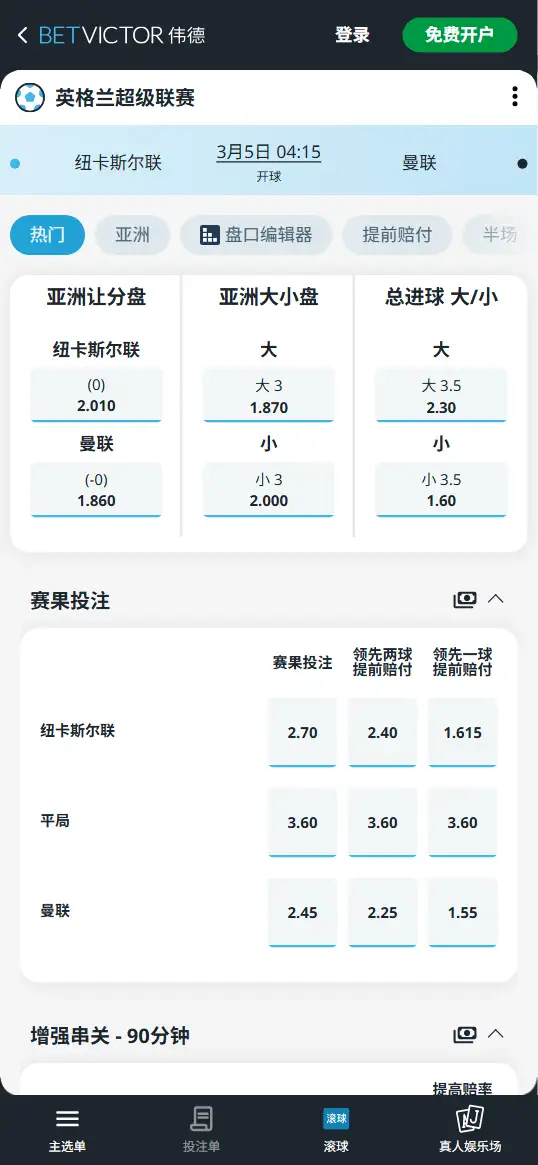纽卡斯尔联vs曼联，英超赔率和盘口信息-伟德(BetVictor)提供