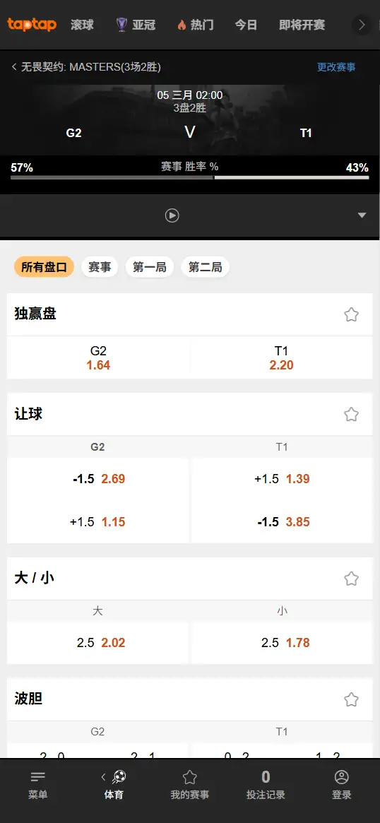 G2对战T1 - 无畏契约 圣地亚哥大师赛 - 赔率信息188bet(TapTap)