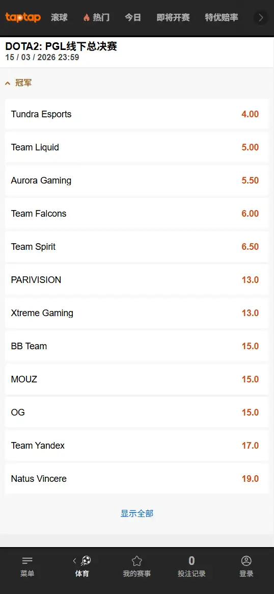 DOTA2 PGL瓦拉几亚S7 - 夺冠赔率数据 - 来自188bet(TapTap)