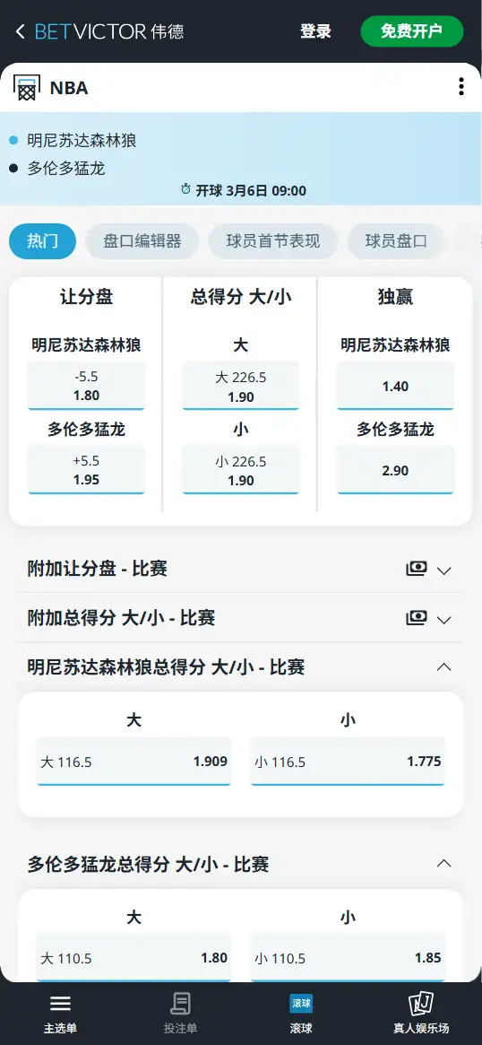 森林狼vs猛龙-NBA博彩赔率和盘口信息-伟德(betvictor)提供