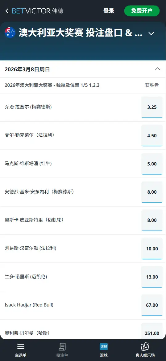 2026 F1澳大利亚大奖赛 | 墨尔本揭幕战 - 赔率信息BetVictor(伟德)