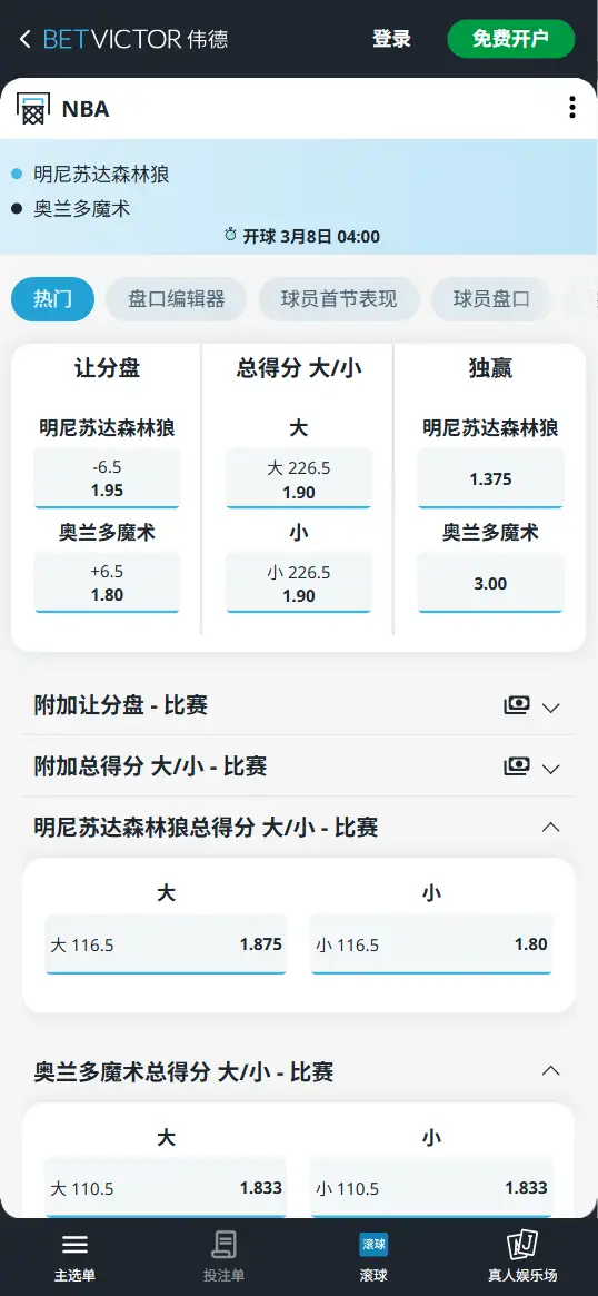 森林狼vs魔术-NBA博彩赔率和盘口信息-伟德(betvictor)提供