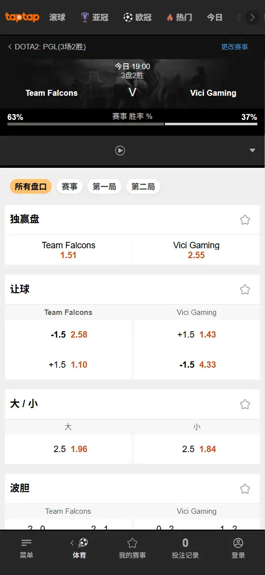 VG对战Falcons - Dota2 PGL瓦拉几亚 - 赔率盘口信息188bet(TapTap)提供