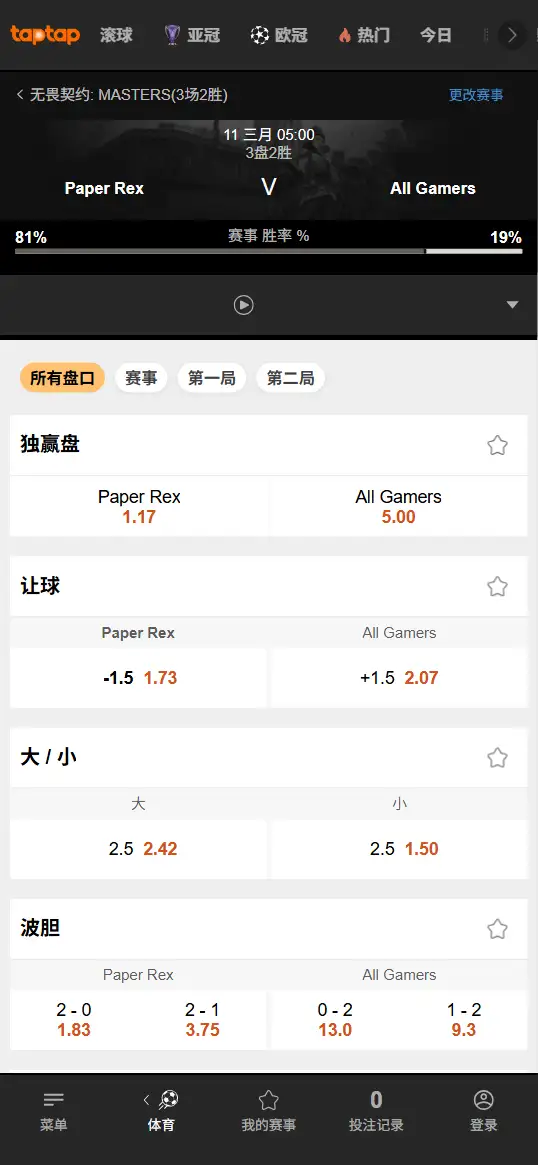 PRX对战AG - 无畏契约 圣地亚哥大师赛 - 赔率信息188bet(TapTap)