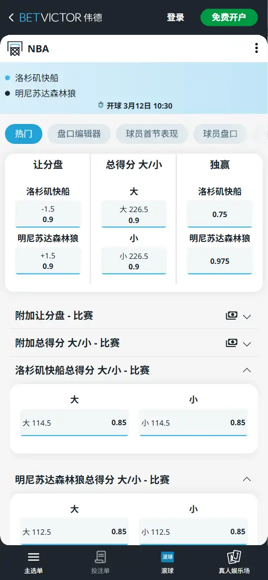 快船vs森林狼-NBA博彩赔率和盘口信息-伟德(betvictor)提供