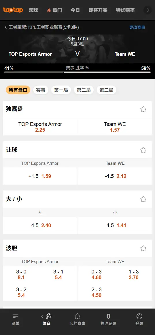 TES.A对战WE - 2026王者荣耀KPL - 赔率盘口信息188bet(TapTap)提供