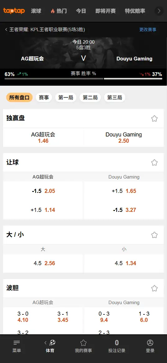 AG对战DYG - 2026王者荣耀KPL - 赔率盘口信息188bet(TapTap)提供