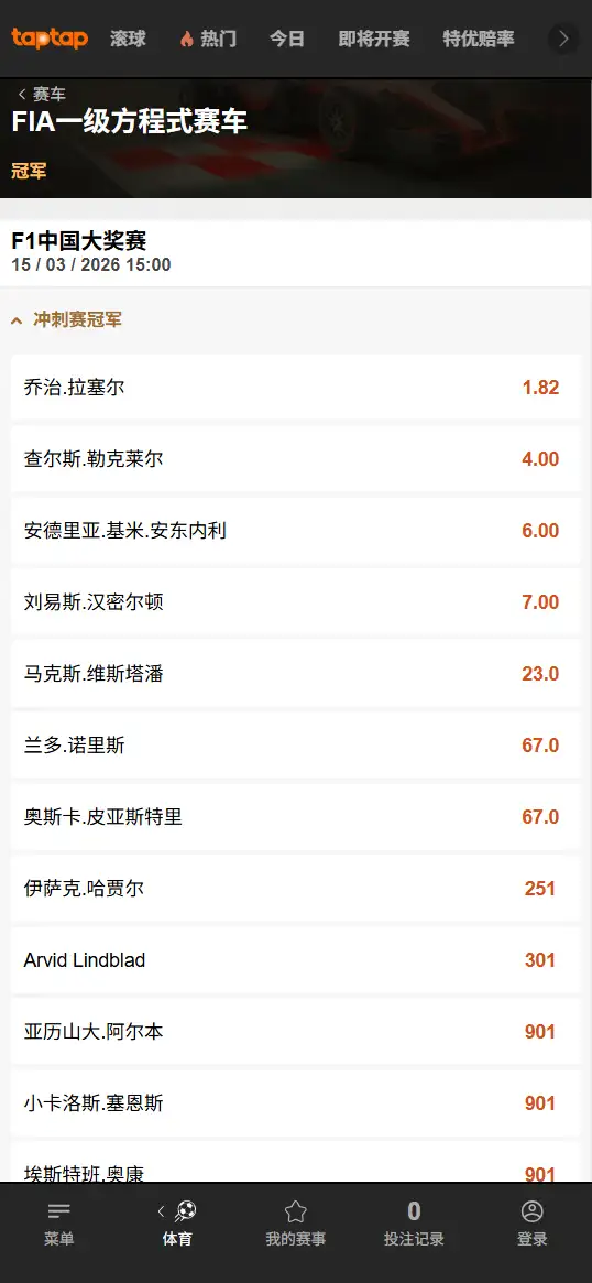 2026 F1中国大奖赛 - 冲刺赛夺冠赔率 - 188bet(TapTap)