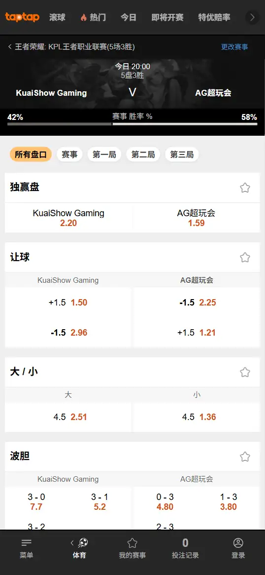 KSG对战AG - 2026王者荣耀KPL - 赔率盘口信息188bet(TapTap)提供