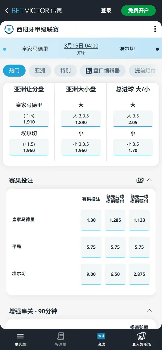 皇马vs埃尔切，西甲赔率和盘口信息-伟德(BetVictor)提供