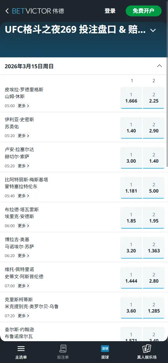 UFC格斗之夜269：赔率和盘口信息 - 伟德(BetVictor)