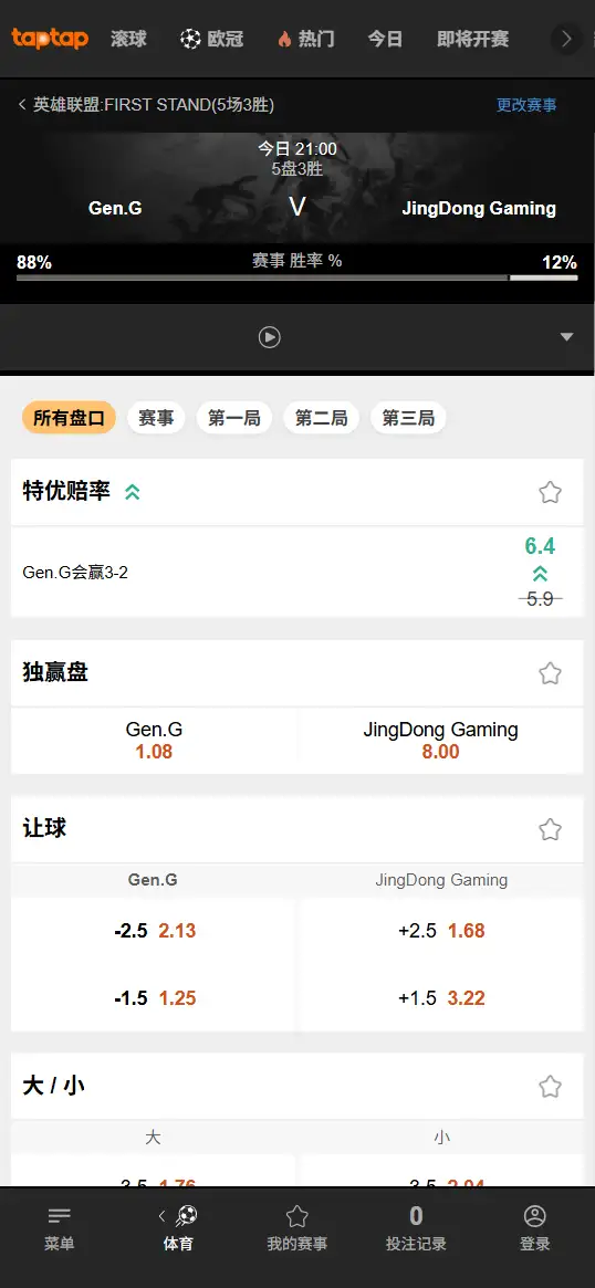 GEN对战JDG - 2026英雄联盟全球先锋赛 - 赔率盘口信息188bet(TapTap)提供