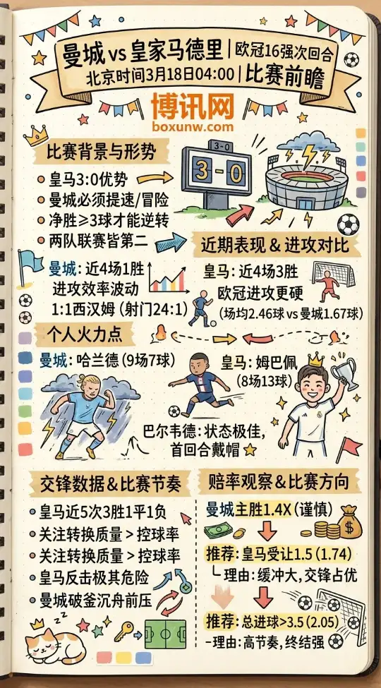 曼城vs皇家马德里 | 欧冠16强次回合 | 北京时间3月18日04:00 | 比赛前瞻