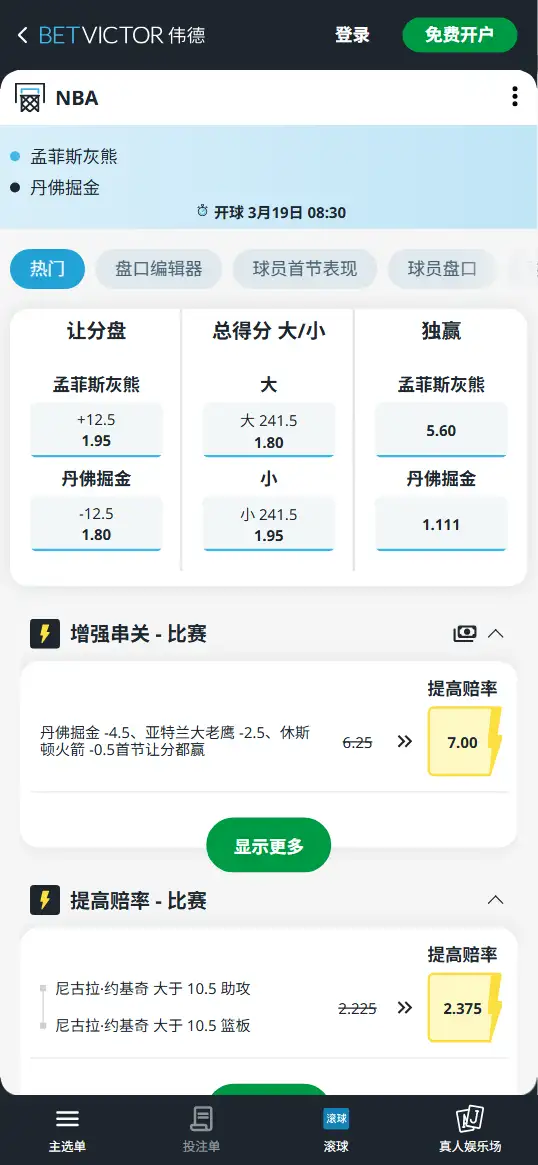 掘金vs灰熊-NBA博彩赔率和盘口信息-伟德(betvictor)提供