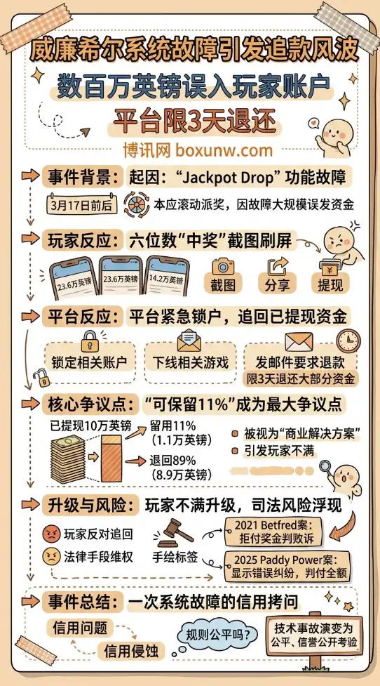 威廉希尔系统故障引发追款风波 | 数百万英镑误入玩家账户 | 平台限3天退还