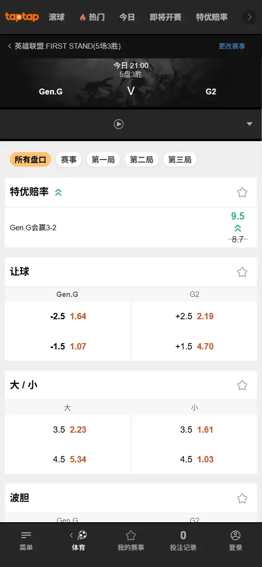 GEN对战G2 - 2026英雄联盟全球先锋赛 - 赔率盘口信息188bet(TapTap)提供