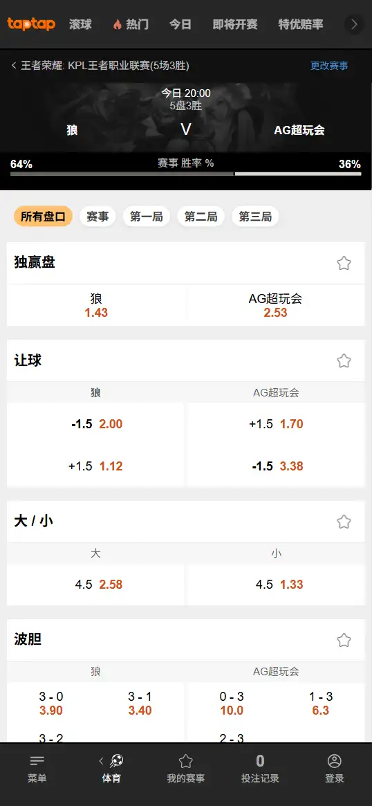 狼队vsAG - 2026王者荣耀KPL - 赔率盘口信息188bet(TapTap)提供
