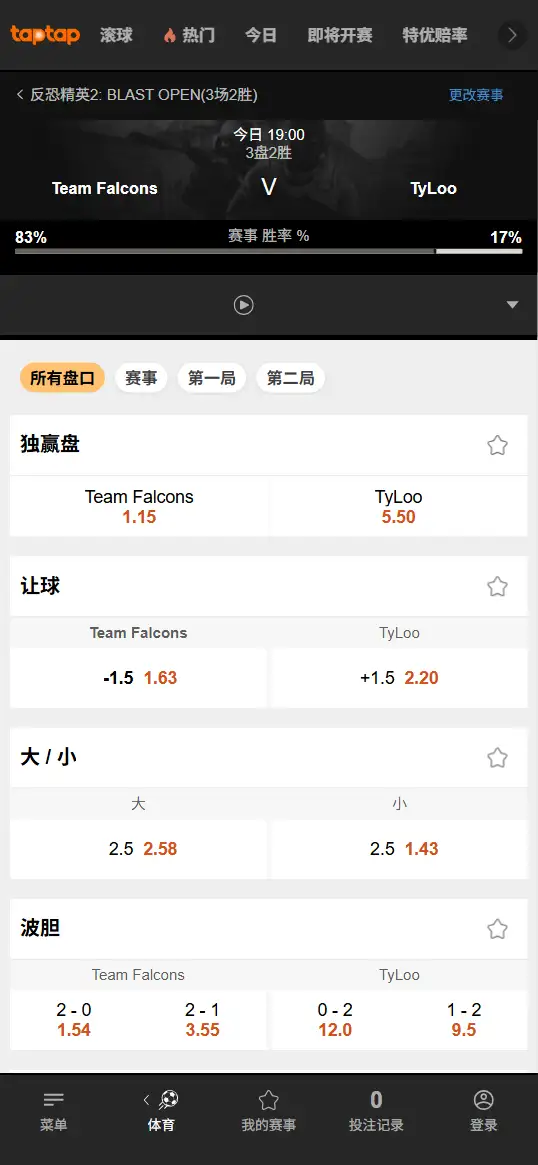 TYLOO对战Falcons - 反恐精英2 - BLAST鹿特丹 - 赔率盘口信息188bet(TapTap)提供