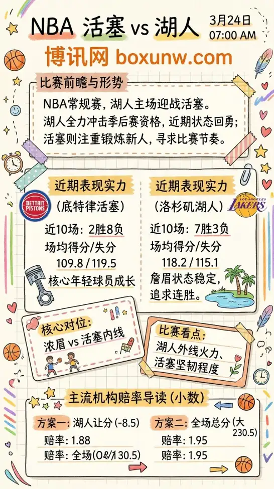 活塞vs湖人 | NBA常规赛 | 3月24日07:00 | 前瞻分析