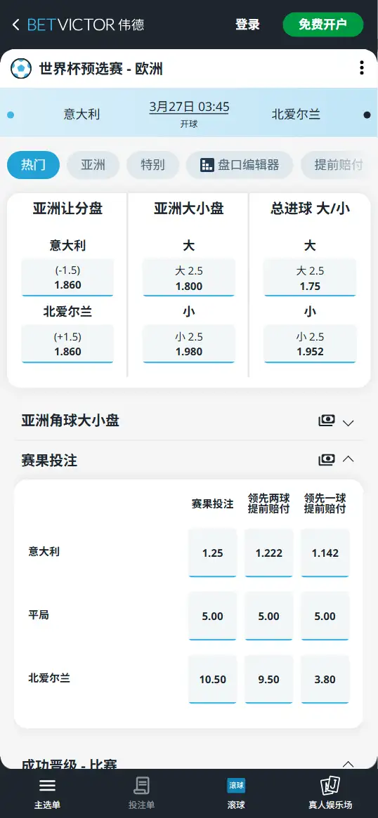 意大利vs北爱尔兰，世界杯预选赛赔率和盘口信息-伟德(BetVictor)提供