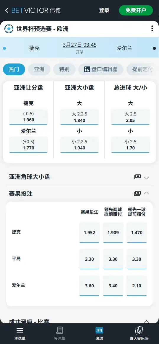 捷克vs爱尔兰，世界杯预选赛赔率和盘口信息-伟德(BetVictor)提供