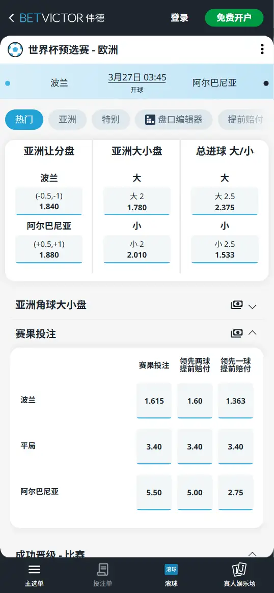 波兰vs阿尔巴尼亚，世界杯预选赛赔率和盘口信息-伟德(BetVictor)提供