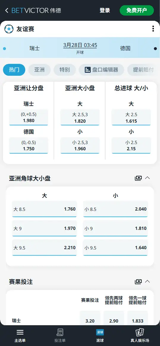瑞士vs德国，友谊赛赔率和盘口信息-伟德(BetVictor)提供