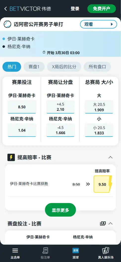 萨巴仑卡 vs 高芙 - 迈阿密公开赛女单决赛 - 赔率盘口信息伟德(BetVictor)提供