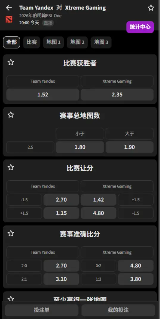Yandex对战XG - ESL ONE 伯明翰 - 赔率盘口信息 - 必威(Betway)提供